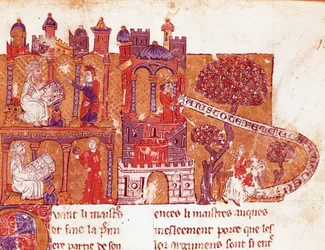 Řecký filozof Aristoteles (383-322 př. n. l.) učí své studenty morálce a pohrdání ženami (mysoginia) Miniaturu z italského rukopisu ze 14. století. Bibliotheque Inguimbertine Municipal de Carpentras.