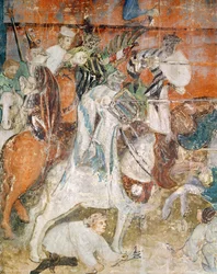 Měsíc únor, detail rytířů na turnaji, cca 1400 (freska)