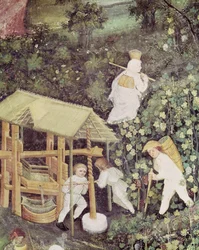 Měsíc říjen, detail sběračů hroznů lisujících hrozny, cca 1400 (freska)
