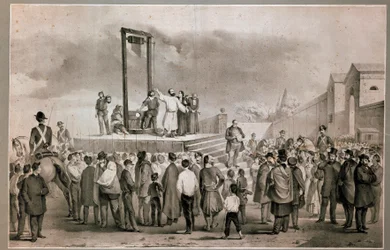 Poprava Felice Orsiniho (1819 - 1858) a Pieriho dne 13. 3. 1858, kteří provedli útok 14. ledna 1858 proti Napoleonovi III. na Place de la Roquette v Paříži Litografie konce 19. století. Milánské Museo del Risorgimento