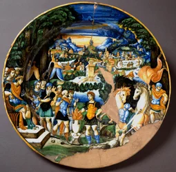 Hrdina Gaius Mucius Scaevola před etruským králem Porsennou. Keramický talíř z dílny Fontana v Urbinu v Itálii. Kolem roku 1560. Národní muzeum Bargello, Florencie