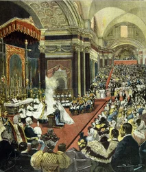 Církevní sňatek budoucího krále Viktora Emanuela III. (Victor-Emmanuel) (Vittorio Emanuele) s princeznou Helenou Černohorskou v kostele Santa Maria degli Angeli v Římě roku 1896.