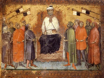 Obnovená vláda drží občany na uzdě. Dřevěná deska z roku 1385. Národní archiv, Siena