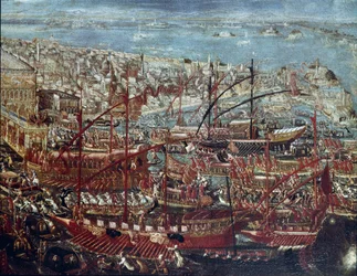 Triumfální návrat benátského loďstva do arzenálu po tažení dóžete Francesca Morosiniho proti Turkům v roce 1659 Obraz benátské školy - 17. století - Benátky, Correr Museum