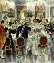 Svatební hostina novomanželů Viktora Emanuela III. (Victor-Emmanuel) (Vittorio Emanuele) a Heleny Černohorské se koná v Kvirinálském paláci v Římě. 1896.