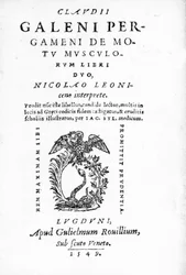 Titulní strana k Pergameni De Motu Musculi Libri Duo Claudia Galena, sbírce děl Claudia Galena, vydané v roce 1549 (tisk)