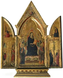 Triptych: Panna Maria s dítětem se svatými, anděly a ukřižováním