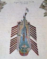 Trireme (loď se třemi břehy vesel), z Pojednání o námořních milicích, od Cristoforo Canal (1510-1562), Itálie