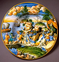 Trojská válka: únos Heleny. Keramický talíř z Urbina, Itálie. Kolem roku 1550. Museo Nazionale del Bargello, Florencie, Itálie