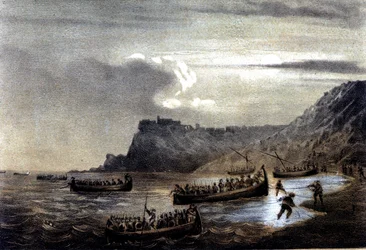 Unite of Italy: expedice Tisíce nebo červených košil vedená Giuseppem Garibaldim (1807-1882). Odjezd první flotily Garibaldiánů směrem ke Kalábrii ve Fort Stella. Litografie 19. století