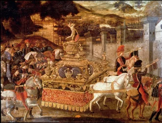 Vítězství Lucius Aemilius Paullus nebo Paul Emile Makedonský (asi 230-160 př.nl) nad perseeským králem makedonským Detail průvodu a triumfálního vozu. Malba florentské školy 15. století. Paříž, Musee Jacquemarta Andreho