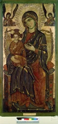 ""Madona s dítětem na trůnu"" (Panna s dítětem na trůnu) Svatozář Ježíše Krista je označena křížem. Anonymní obraz umělce z Pisy. Tempera na dřevě. kolem roku 1280 Puškinovo muzeum, Moskva