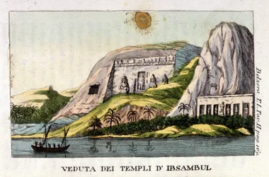 Pohled na chrám Abu Simbel. Autor Giovanni Battista (Gianbattista) Belzoni (1778-1823), je italský badatel a archeolog, učinil důležité archeologické objevy v Egyptě. Rytina - v „“ Viaggio in Egitto e in Nubia““ od Belzoniho, Milán