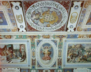 Pohled na Sala dei Fasti Farnese (Síň nádher Farnese) navržený Onofriem Panviniem a freskami Taddea (1529-66) a Federica Zuccara (1540-1609) 1557-83 (detail)