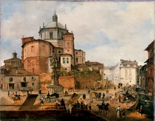 Pohled na náměstí Vetra a apsidu baziliky San Lorenzo Anonymní obraz. Konec 19. století. Milán, Milánské muzeum