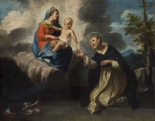 Panna s dítětem a svatým Dominikem (olej na plátně)