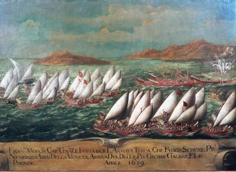 Válka o Candia (Kréta): benátská flotila během tažení vedeném dóžetem Francescem Morosinim proti Turkům v roce 1659 Malba benátské školy. 17. století - Benátky, Correrovo muzeum