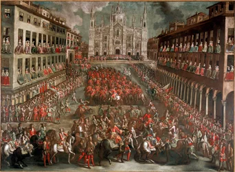 Válka o španělské dědictví: „“ Slavnosti pořádané na oslavu vstupu prince Eugenia di Savoia (1663-1736) do Milána v čele vítězné armády po bitvě u Turína dne 24. 9. 1706“ (oslava na Piazza Duomo v Miláně pro vítěze
