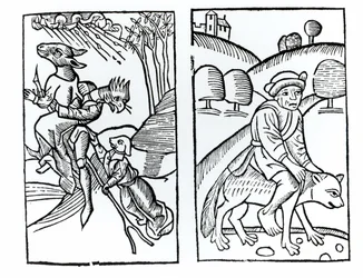 Čarodějnice převlečené za zvířata jedoucí na koštěti (vlevo) a čarodějnice jedoucí na vlku (vpravo), kopie ilustrací z Compendium Maleficarum od P. M. Guaccius, Milán 1608, použité v Dějinách magie