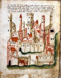 Pohled na město Jeruzalém, z Libro dOltramare od Niccolo da Poggibonsi (pero, inkoust a tempera na pergamenu)