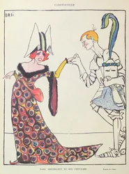 Mistinguett (1875-1956) a jeho rytíř, karikatura z ‚Le Rire‘