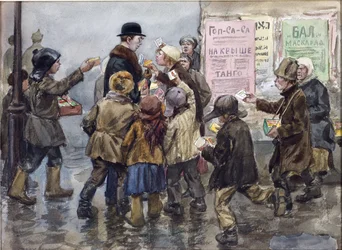 Vladimirov Ivan Alexejevič (1869-1947) napadl cizince v Petrohradě prodavači cigaret. Akvarel, kvaš na papíře