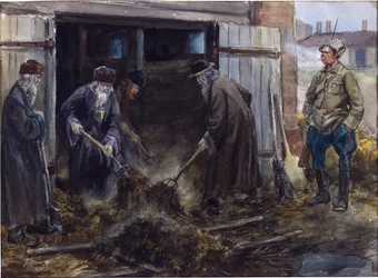 Skupina ruských kněží donucená Vladimirovem Ivanem Alexejevičem (1869-1947) vyklidit stáje kasáren. Akvarel, kvaš na papíře
