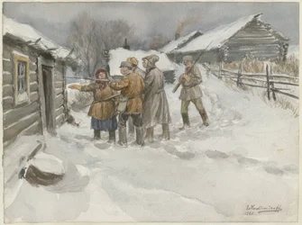Před hledáním a zabavením ze série akvarelů Ruská revoluce, 1920