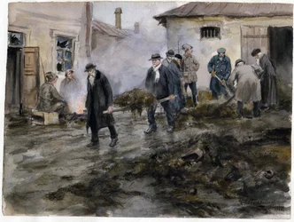 Buržoazní nettoyant une etable - Buržoazie čištění stájí (ze série akvarelů Ruská revoluce) - Vladimirov, Ivan Alexejevič (1869-1947) - 1920 - Akvarel na papíře - 25,8x34,4 - Soukromá sbírka