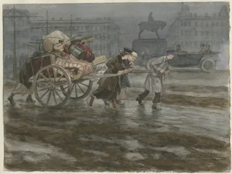 Rodina stěhující své věci na vozíku ze série akvarelů Ruská revoluce, 1917-1918