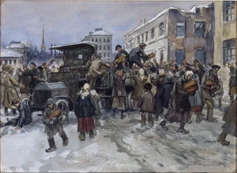 Hladoví dělníci v Petrohradě loupící vojenský náklaďák chleba Vladimirov Ivan Alexejevič (1869-1947). Akvarel, kvaš na papíře