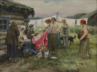 Hladová léta v Petrohradě. Výměna zboží za zásoby ve vesnici poblíž železniční stanice Vladimirov, Ivan Alexejevič (1869-1947). Akvarel, kvaš na papíře