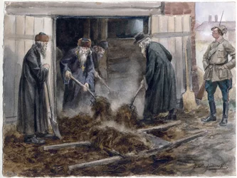 Le clerge russe pelletant le fumier - Ruští duchovní lopatou seno: září 1918 (ze série akvarelů Ruská revoluce) - Vladimirov, Ivan Alexejevič (1869-1947) - 1918 - Akvarel na papíře - 25,8x34,3 - Soukromá sbírka