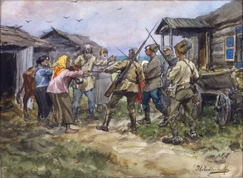 Rekvizice dobytka pro Rudou armádu ve vesnici nedaleko Lugy