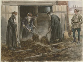 Ruští duchovní lopatou seno: září 1918 ze série akvarelů Ruská revoluce, 19.