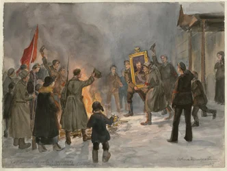 Vojáci pálí obrazy (ze série akvarelů Ruská revoluce) - Oeuvre od Ivana Alexejeviče Vladimirova (1869-1947) - 1917 - Akvarel na papíře - 25,7x34,5 - Soukromá sbírka