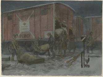 Vojáci plenící železniční vagón ze série akvarelů Ruská revoluce, 1922