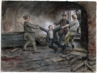 Un detenu emmene pour etre execute - Muž zadržen a popraven (ze série akvarelů Ruská revoluce) - Vladimirov, Ivan Alexejevič (1869-1947) - 1919 - Akvarel na papíře - 25,7x34,5 - Soukromá sbírka
