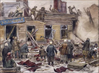 Dělníci bourající dřevěné domy na palivo Vladimirov, Ivan Alexejevič (1869-1947). Akvarel, kvaš na papíře