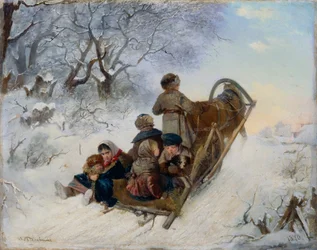 Děti na saních tažených koňmi, 1870