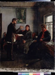V advokátní kanceláři. Obraz Ivana Anisimoviče Mukhina (1876-1944), olej na plátně, ruské umění 19. století. Státní regionální muzeum umění I. Pozhalostina, Rjazaň (Rusko)