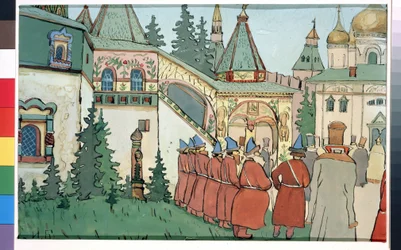 Přípravná kresba k divadelní hře Finist the falcon inspirovaná ruskou pohádkou "Pírko Finista hrdého sokola"" (scéna k divadelní hře Finist the Falcon). Obraz Ivana Jakoleviče Bilibina (Bilibin) (1876-1942). Akvarel, kvaš