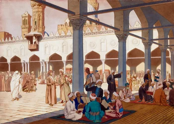 Nádvoří univerzity Al-Azhar ve stejnojmenné mešitě v Káhiře, Egypt (Nádvoří mešity a univerzity Al Azhar, Káhira) - Práce Ivana Jakovleviče Bilibina (Bilibine) (1876-1942), akvarel a kvaš na kartonu