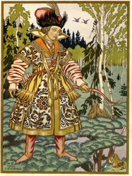 Princ Ivan a žabí princezna. Tradiční ruská pohádka. Akvarel a kvaš na papíře