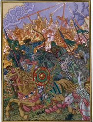 Expulsion of Khan Batu (cca 1205-1255) (The Expulsion of Batu Khan). Batou, mongolský tatarský náčelník Zlaté hordy v ruských stepích. Dílo Ivana Jakovleviče Bilibina (Bilibin) (1876-1942), akvarel a kvaš na papíře