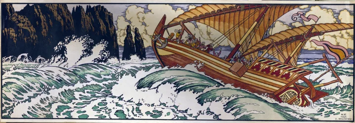 Sindibád námořník. Ilustrace k arabskému tradičnímu příběhu Tisíc a jedné noci. Dílo Ivana Jakovleviče Bilibina (Bilibin) (1876-1942), akvarel na papíře
