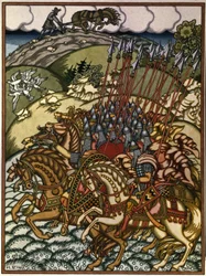 Volha Svjatoslavič (Vseslav de Polotsk (verze 1039-1101), velkokníže de Kyjev de 1068 a 1069) a Mikula Selyaninovich (?). Oeuvre de Ivan Yakovlevich Bilibin (Bilibine) (1876-1942), litografie
