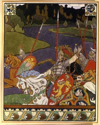 Volga Svyatoslavich a jeho armáda. (Volga Svyatoslavich a jeho armáda). Ilustrace k mýtickým eposům inspirovaným severoruským folklórem. Dílo Ivana Jakovleviče Bilibina (Bilibin) (1876-1942), litografie