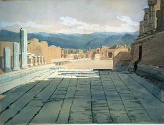 Pompeje (Itálie) (Pompeje). Pohledy na fórum římských ruin v Neapolském zálivu před sopkou Vesuv. Dílo Ivana Nikolajeviče Kramského (1837-1887), akvarel na papíře