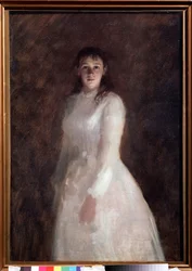 Portrét mladé dámy (Portrét mladé dámy). (oblečený v dlouhých bílých šatech). Obraz Ivana Nikolajeviče Kramského (1837-1887), olej na plátně. ruské umění